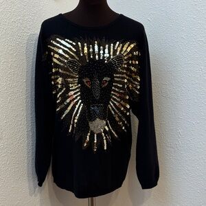 Vintage 1980’s Oleg Cassini black lion gold sequin knit sweater. Size M.